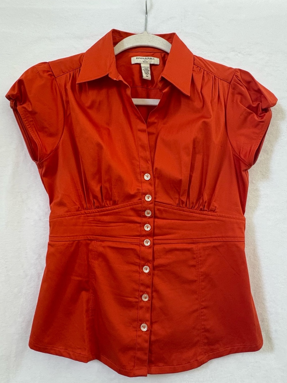 Banana Republic Bright Red/Orange Button-Front Cap Sleeve Shirt